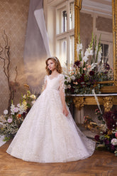 Pentelei Couture Lace Ball Gown for Kids – Long Sleeve Floral Appliqué Dress for Weddings